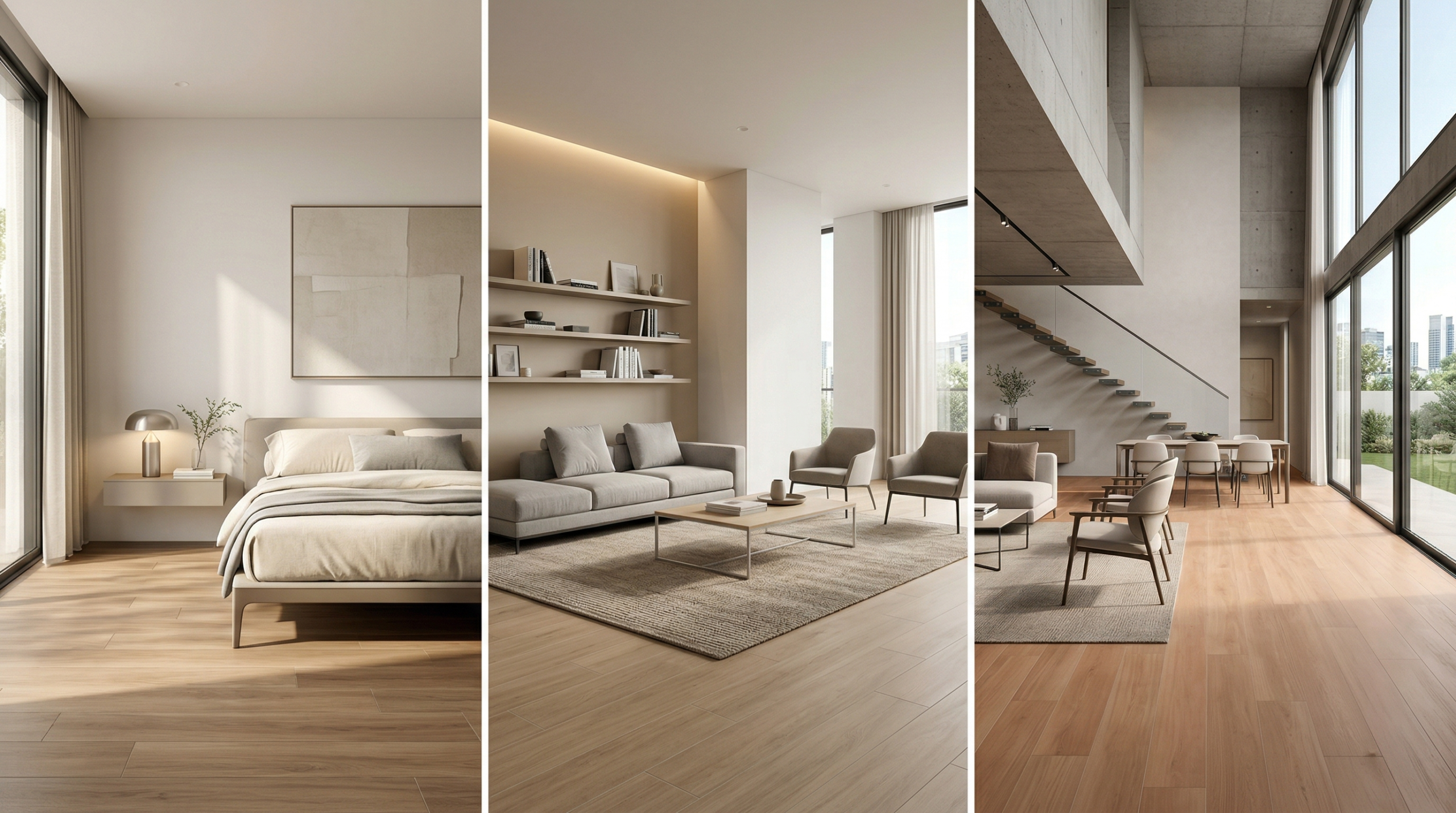 porcelanato en tonos calidos modernos en dormitorio sala y espacio residencial con diseño contemporaneo