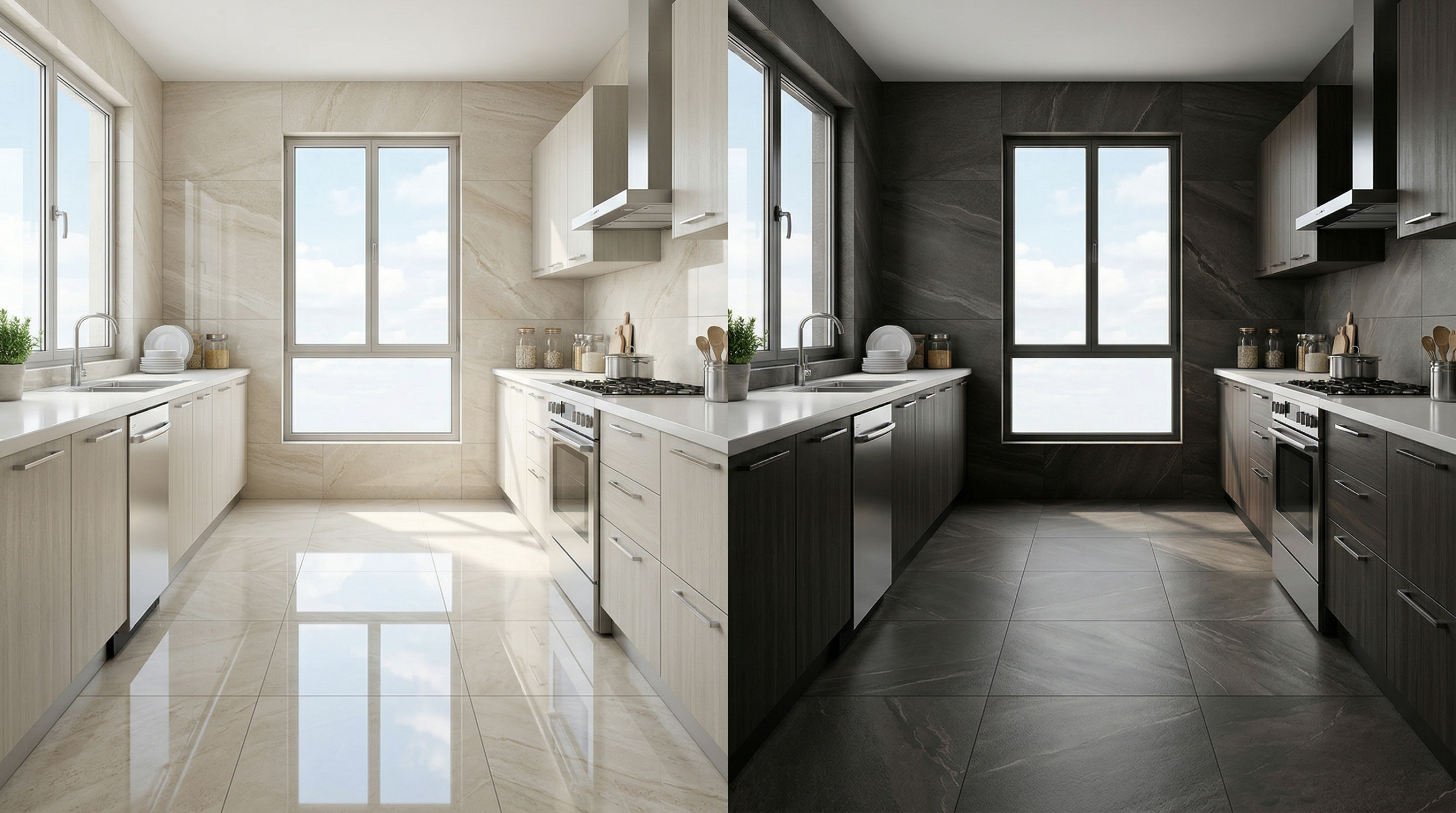 porcelanato claro vs oscuro mostrando diferencia en iluminacion y funcionalidad de interiores