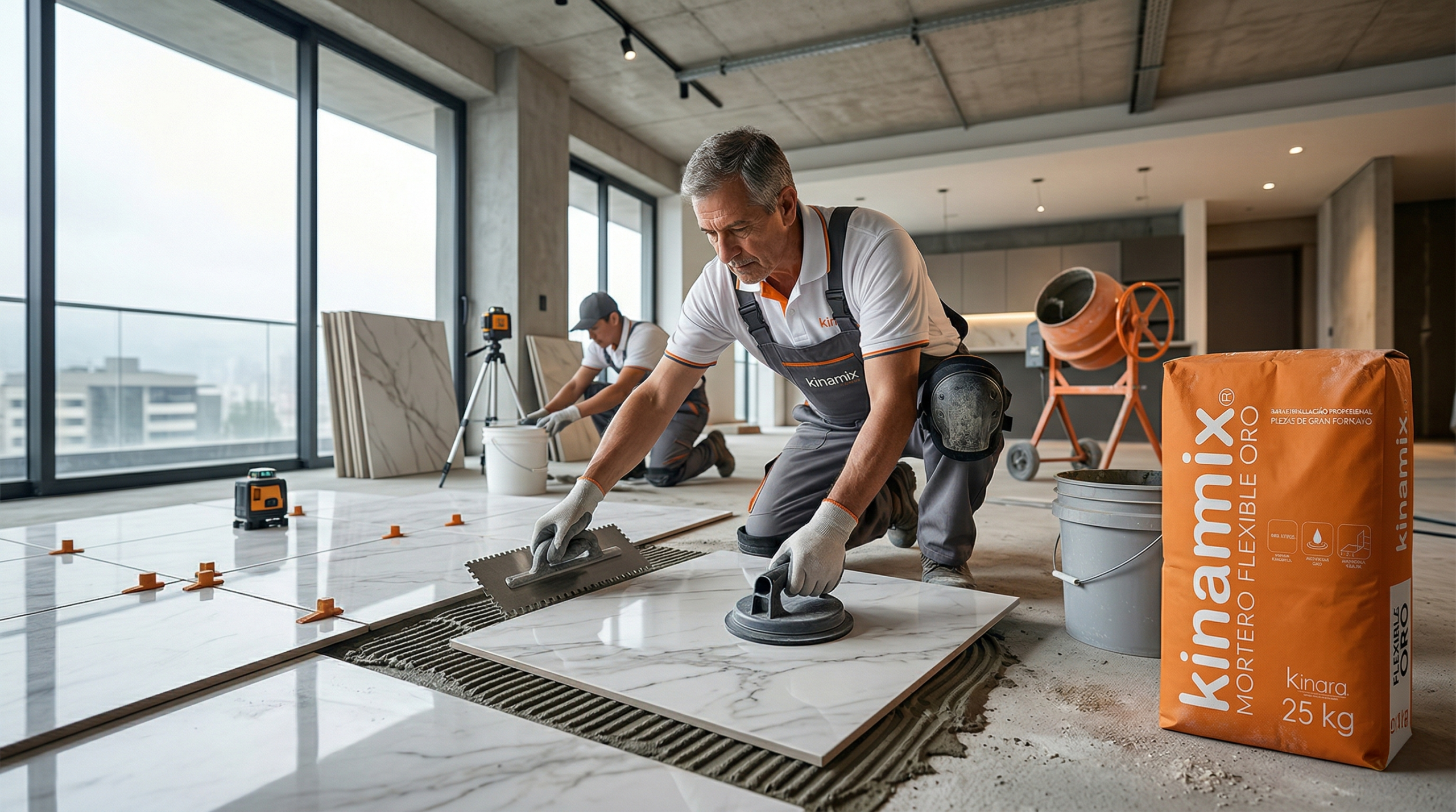 instalación profesional de porcelanato con mortero kinamix flexible oro para mayor resistencia y durabilidad
