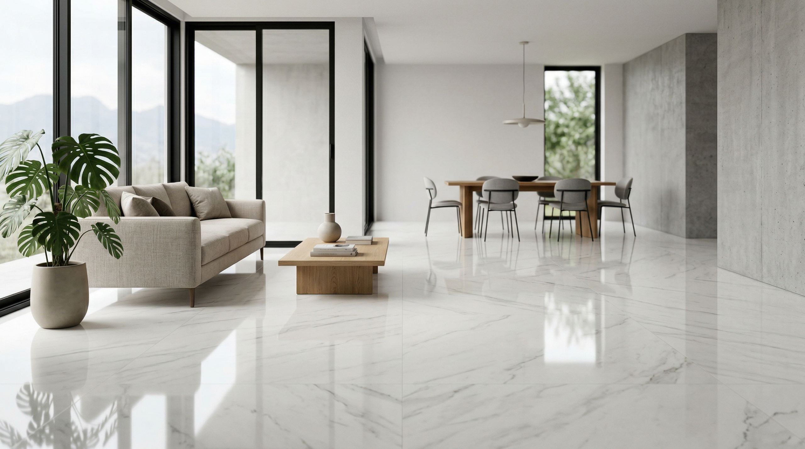 Espacio interior moderno con piso de porcelanato uniforme, acabado elegante y sin imperfecciones visibles