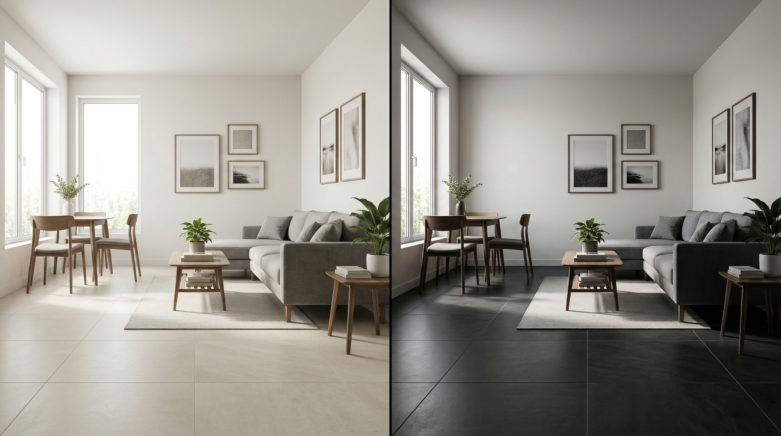 color de porcelanato claro vs oscuro mostrando efecto de amplitud y reduccion en espacio interior