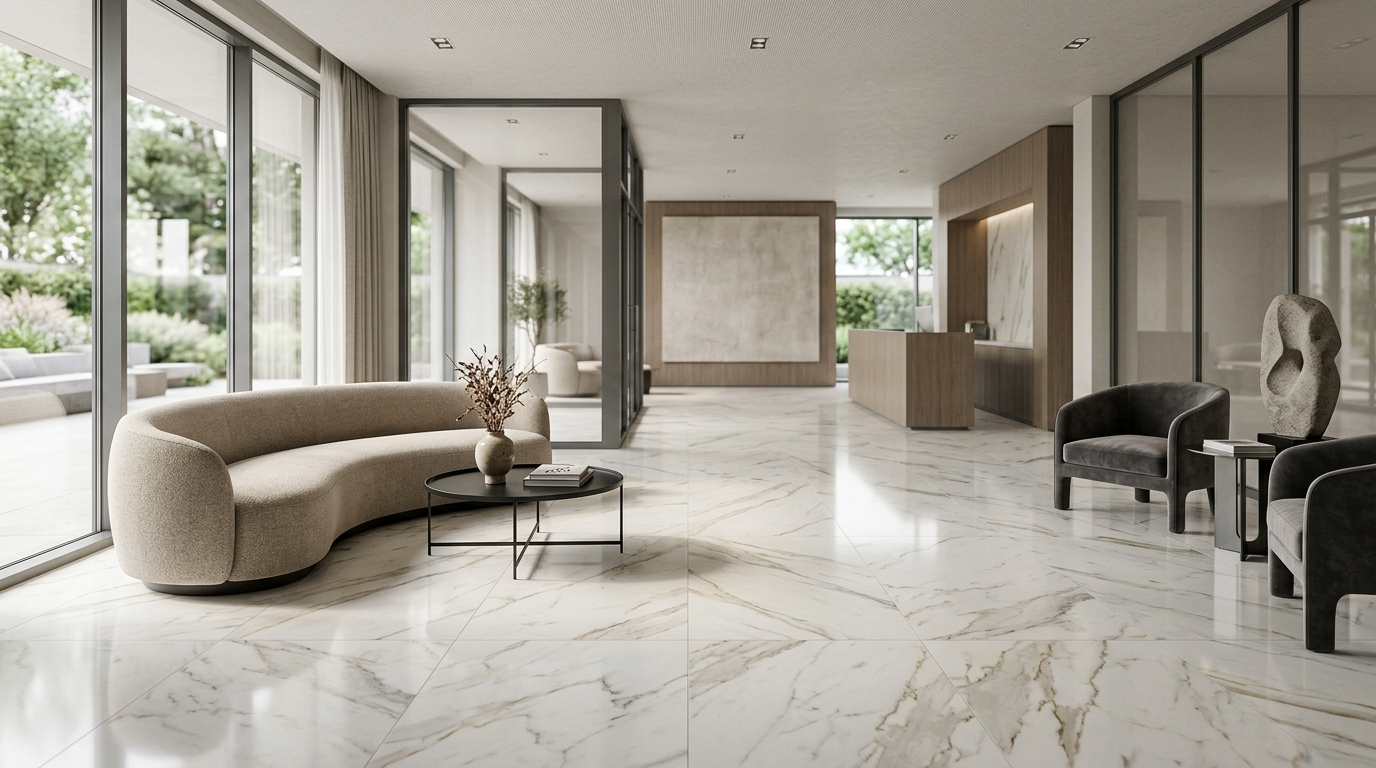 porcelanato de alta calidad instalado en sala moderna con acabado rectificado y diseño tipo mármol