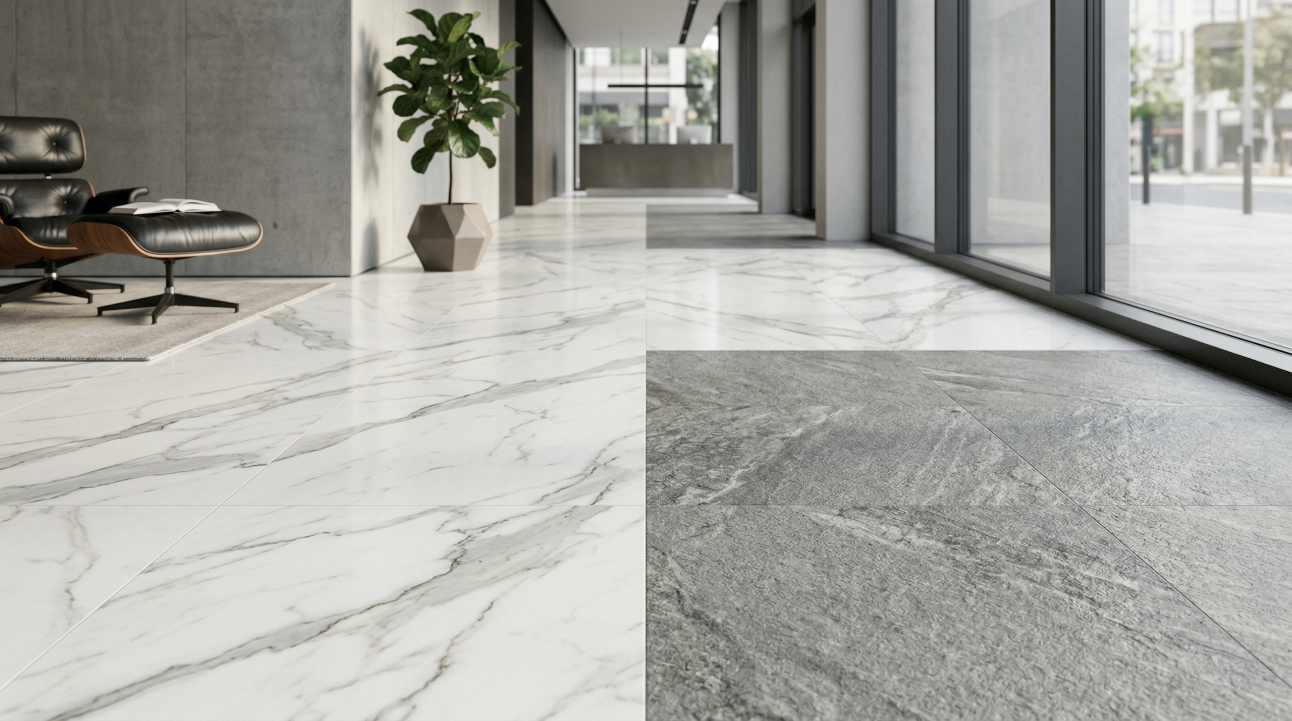 variedad de porcelanatos hiperrealistas tipo mármol piedra y madera sin repetición de patrones en showroom moderno