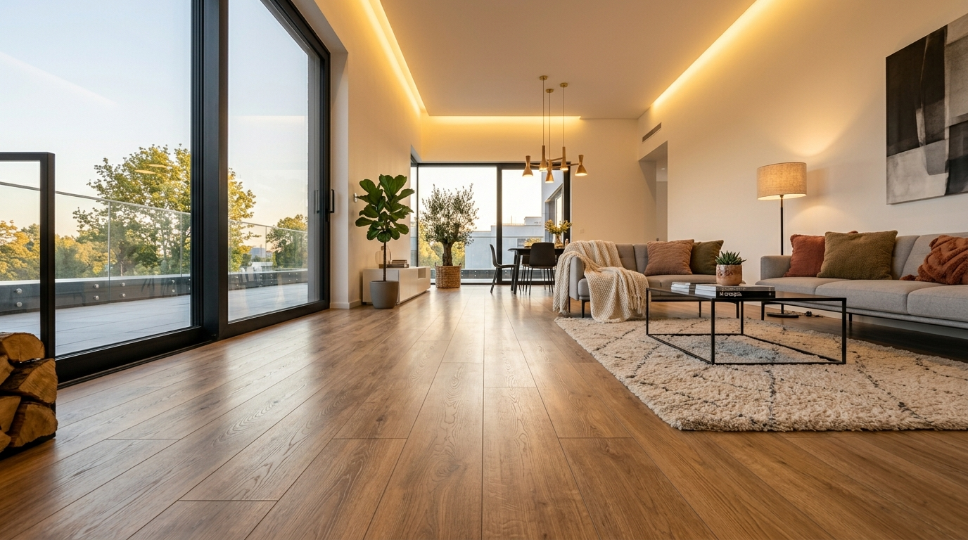 Sala con porcelanato tipo madera que genera una sensación cálida y acogedora