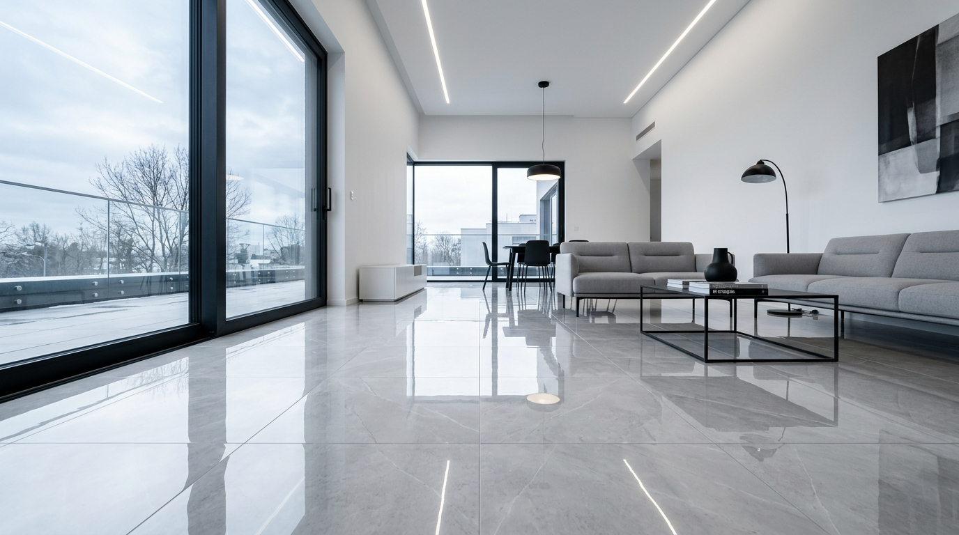 Sala moderna con porcelanato pulido gris que transmite sensación visual fría y elegante