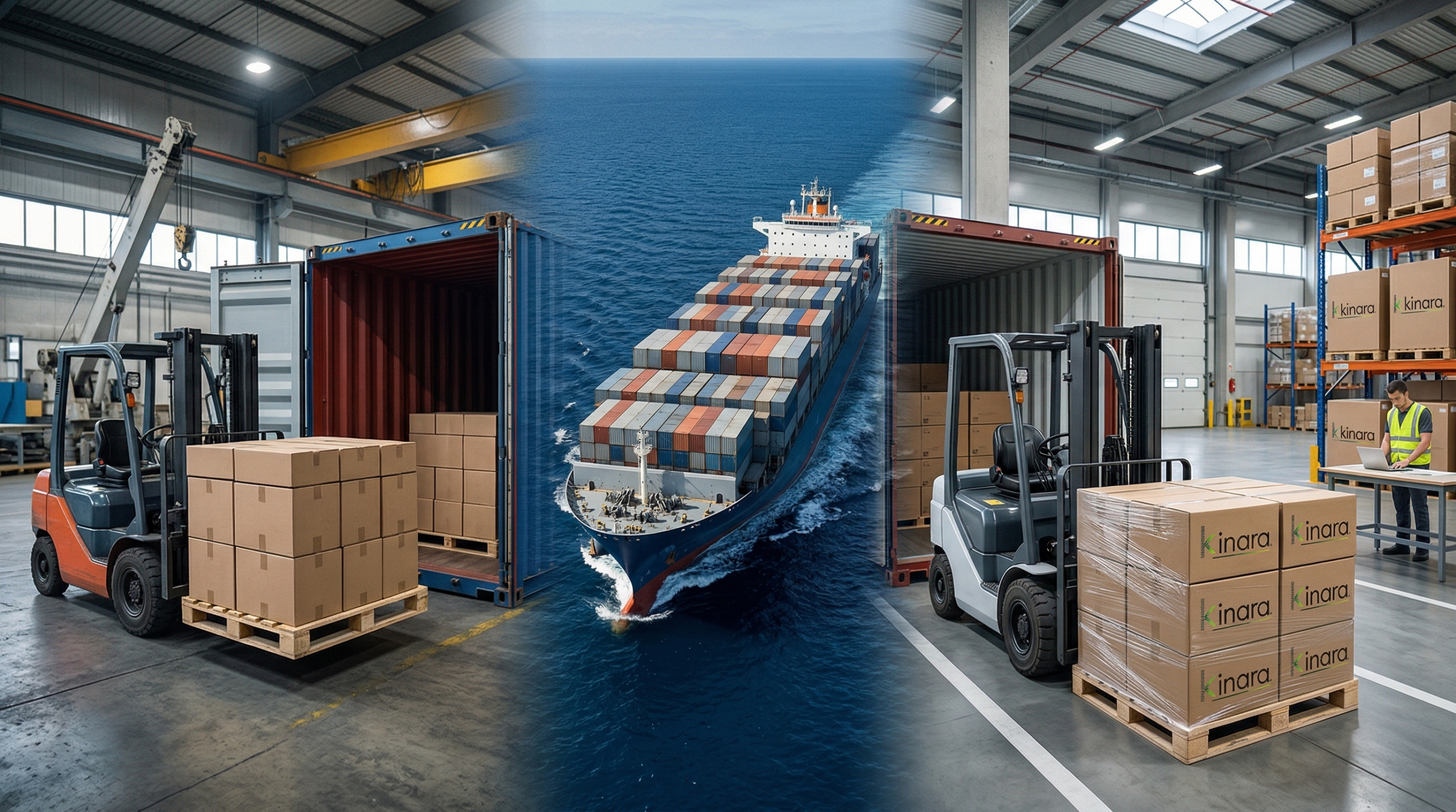 proceso de importación de porcelanato desde fábrica hasta bodega con cajas kinara en fase final de distribución