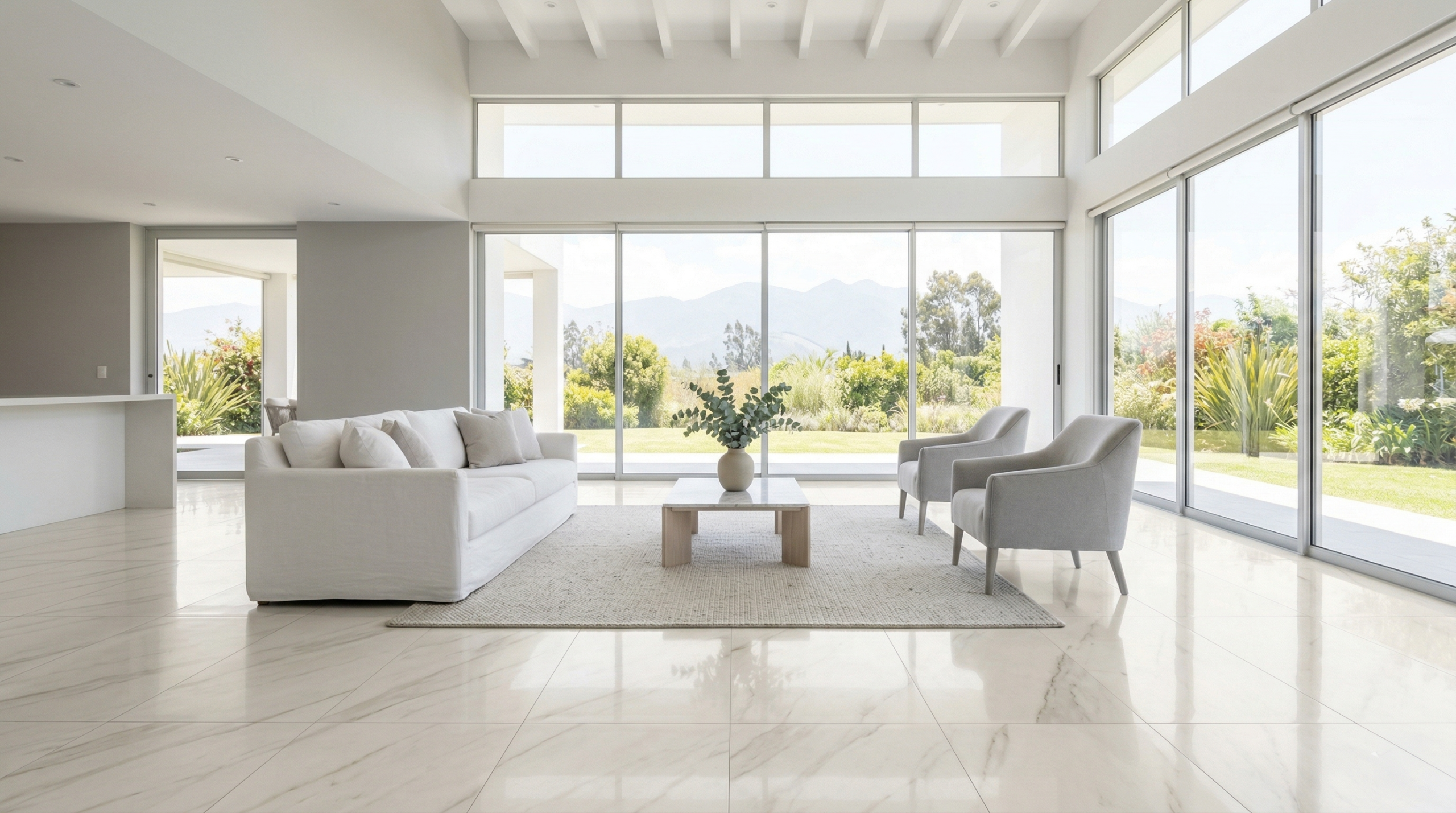 sala amplia con porcelanato claro tipo marmol que aporta luz limpieza y sensacion de espacio