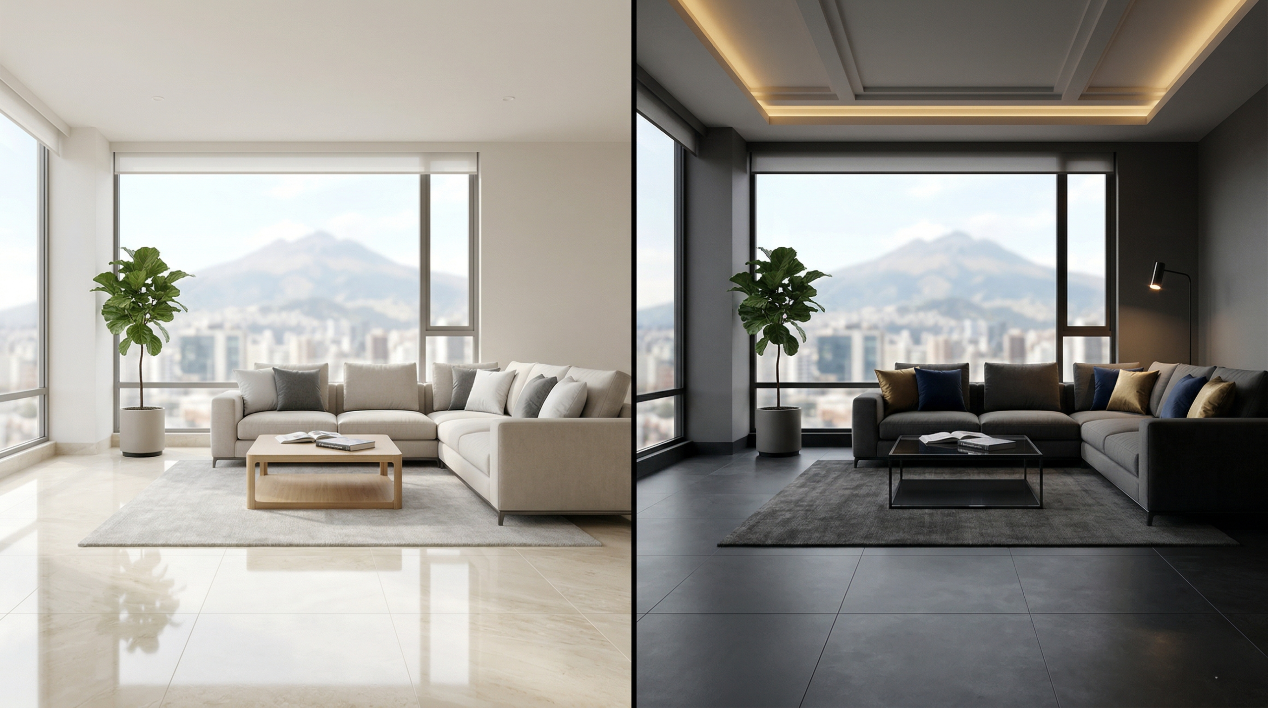 porcelanato claro y oscuro en sala moderna mostrando amplitud y elegancia