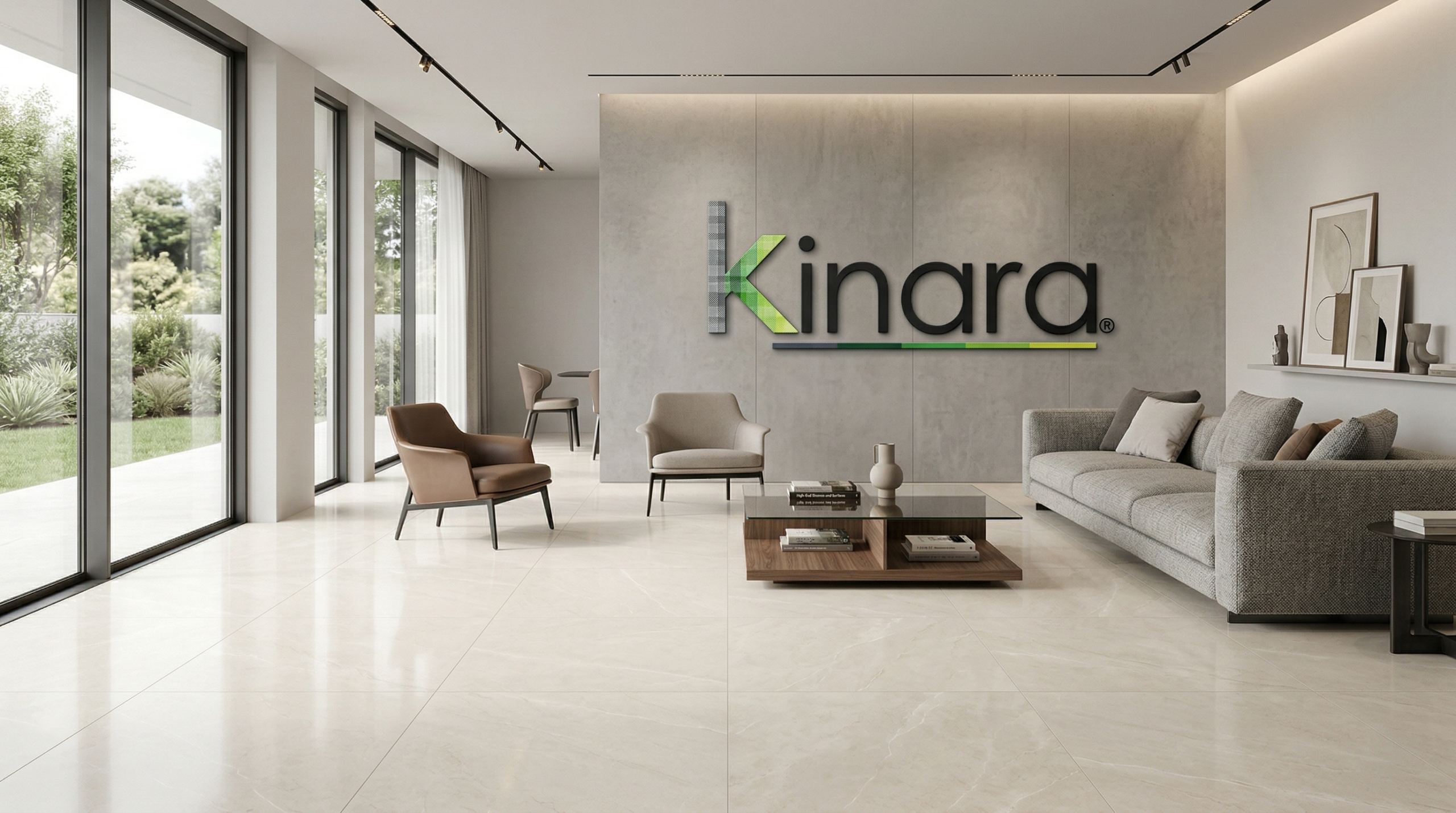 porcelanato de alta calidad en espacio moderno con logo kinara integrado en pared de fondo de forma elegante