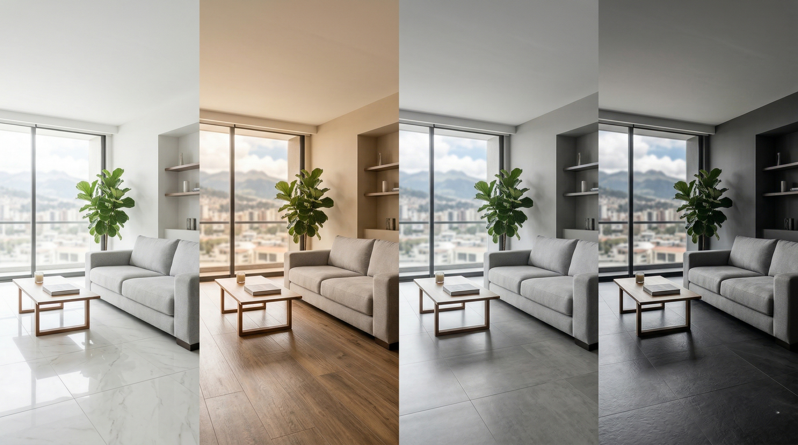 psicologia del color en porcelanatos mostrando espacio con tonos claros oscuros calidos y frios