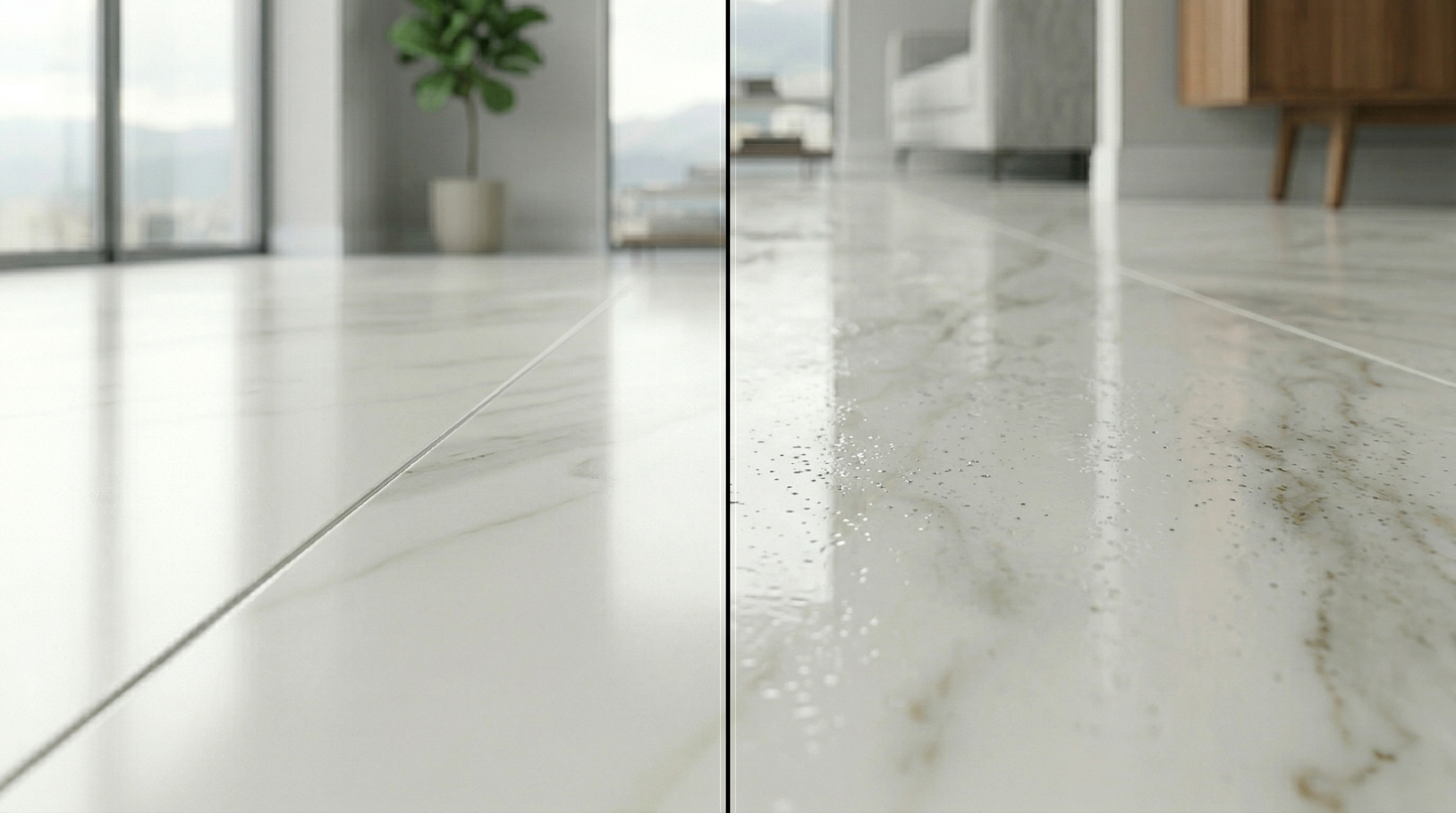 comparación de acabado superficial en porcelanato uniforme vs con imperfecciones y manchas visibles