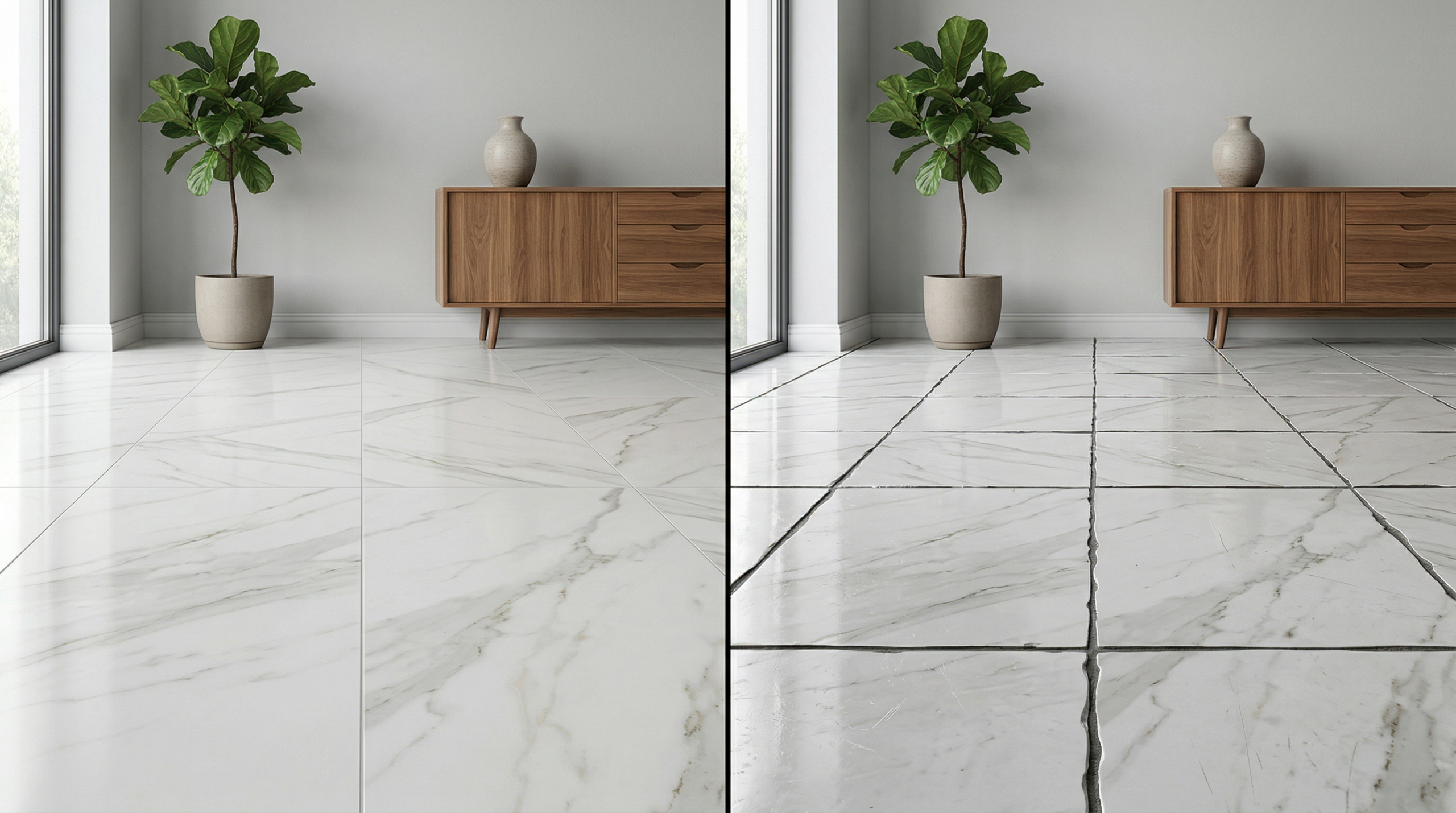 comparación porcelanato alta calidad vs baja calidad con juntas visibles y acabado rectificado en sala moderna