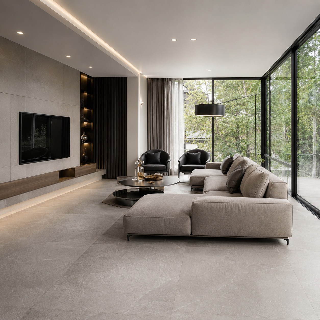 Sala contemporánea con porcelanato de gran formato que genera continuidad visual y sensación de amplitud elegante.