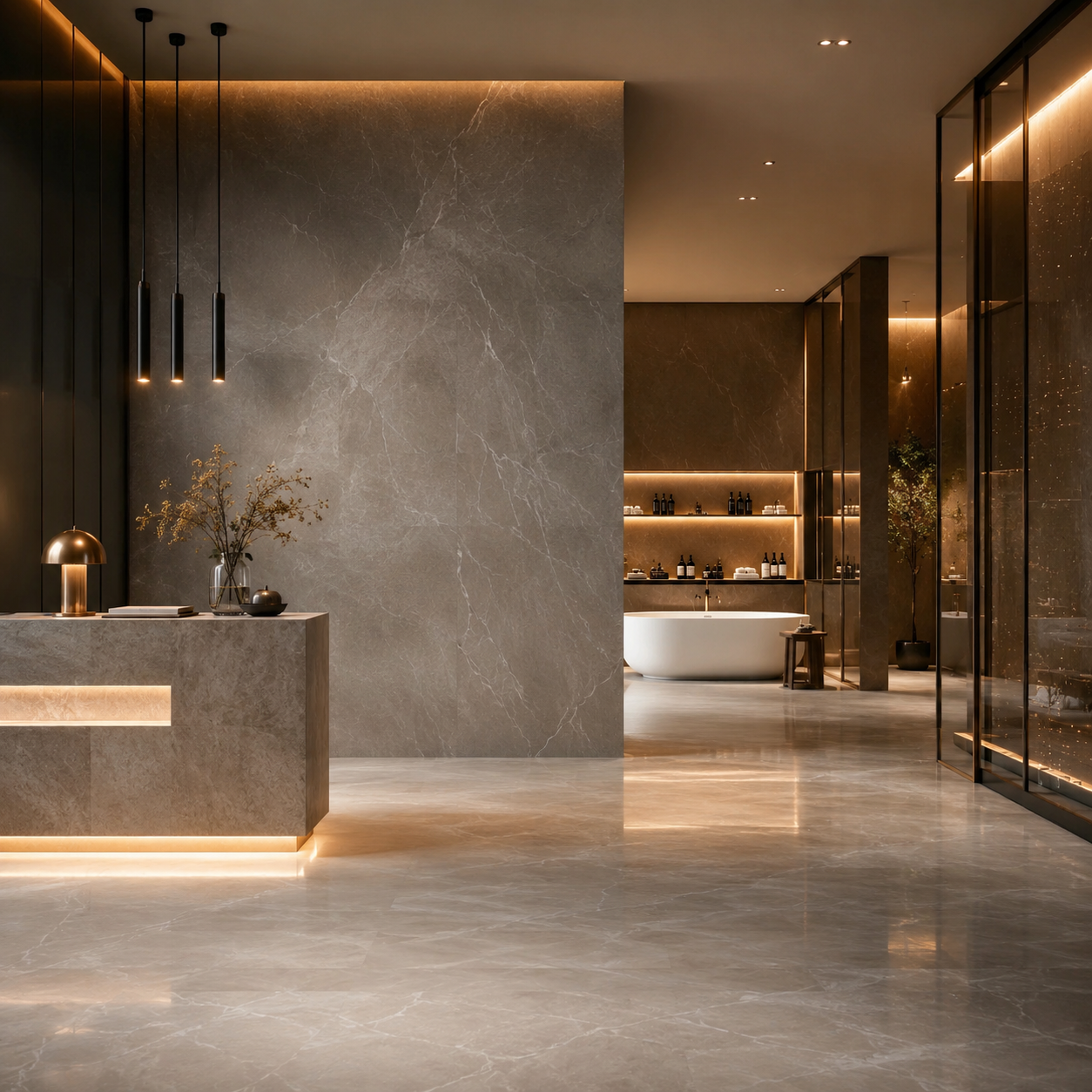 Instalación profesional de porcelanato XL utilizando adhesivos especializados y sistemas de nivelación en un proyecto contemporáneo moderno.