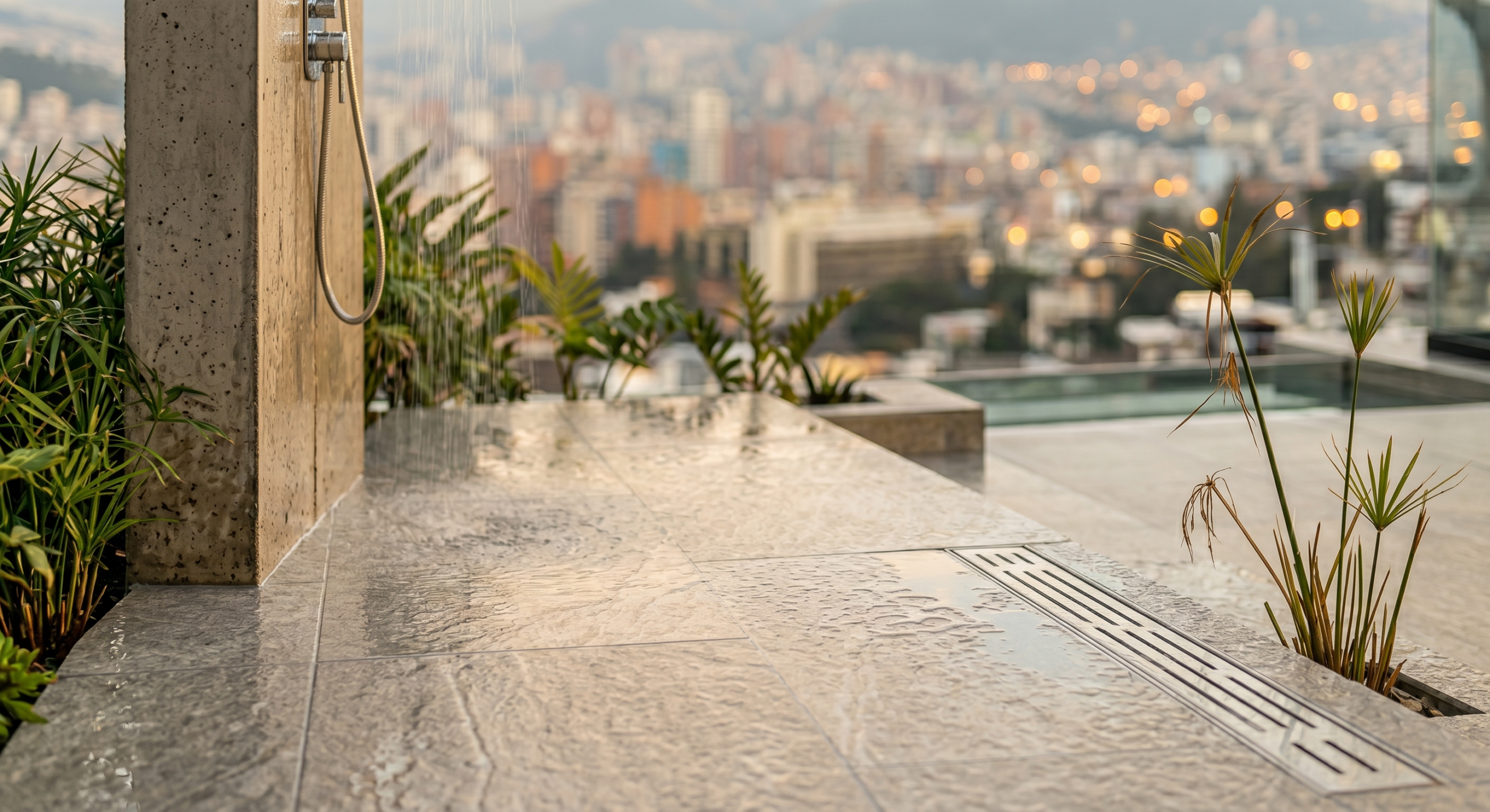 Baño exterior contemporáneo con porcelanato texturizado instalado en zona húmeda con drenaje y acabados modernos.