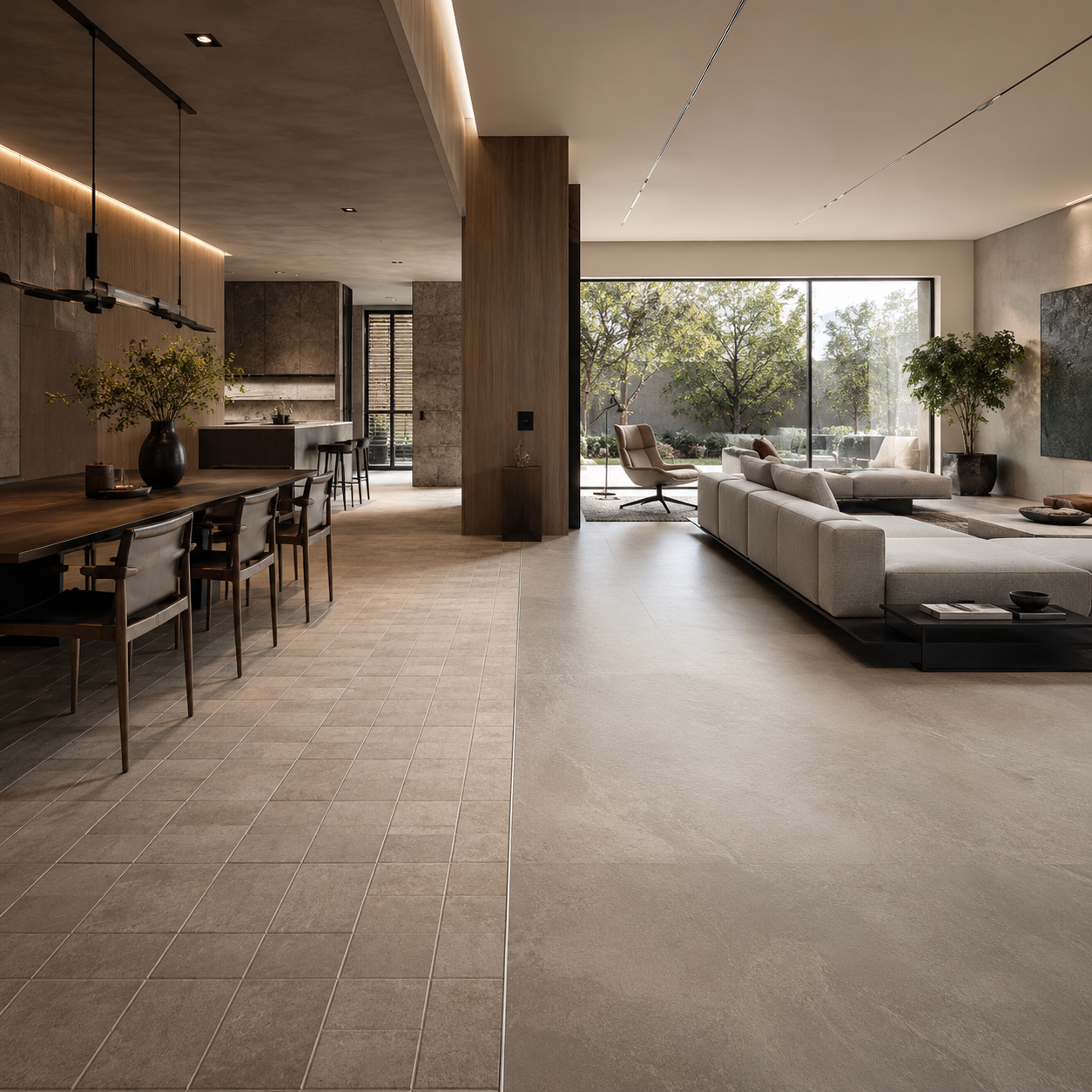 Espacio contemporáneo mostrando diferencia visual entre porcelanato pequeño fragmentado y porcelanato de gran formato elegante y continuo.