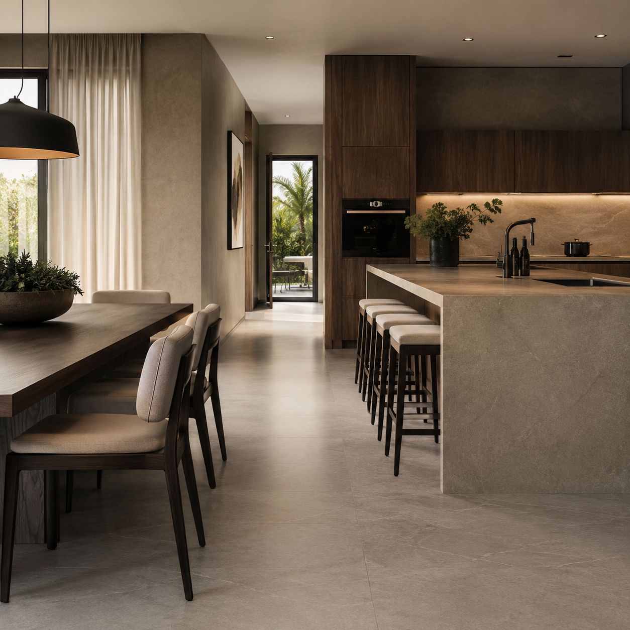 Cocina y comedor contemporáneo con porcelanato de formato amplio que aporta elegancia, iluminación y coherencia visual.