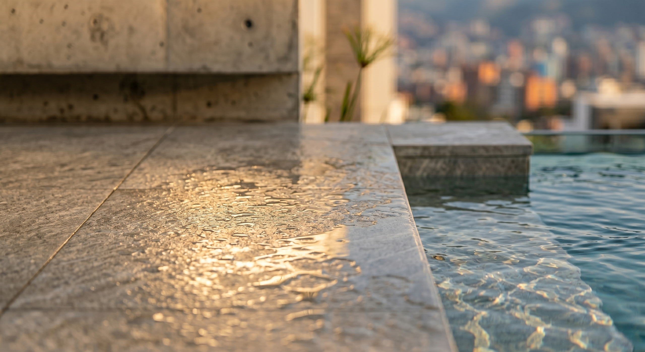 Primer plano de porcelanato exterior texturizado con gotas de agua y acabado antideslizante en una terraza moderna.