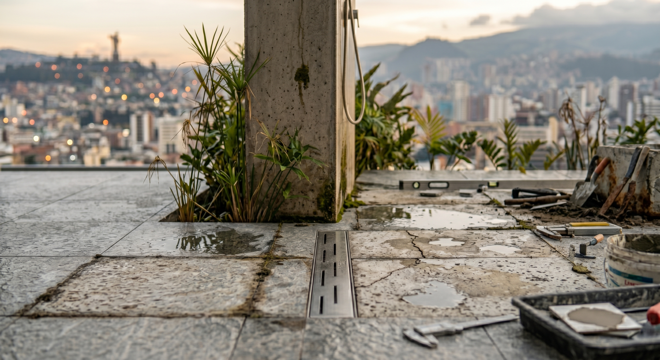 Plano cerrado de porcelanato exterior deteriorado por humedad, lluvia y mala elección de materiales para exteriores.