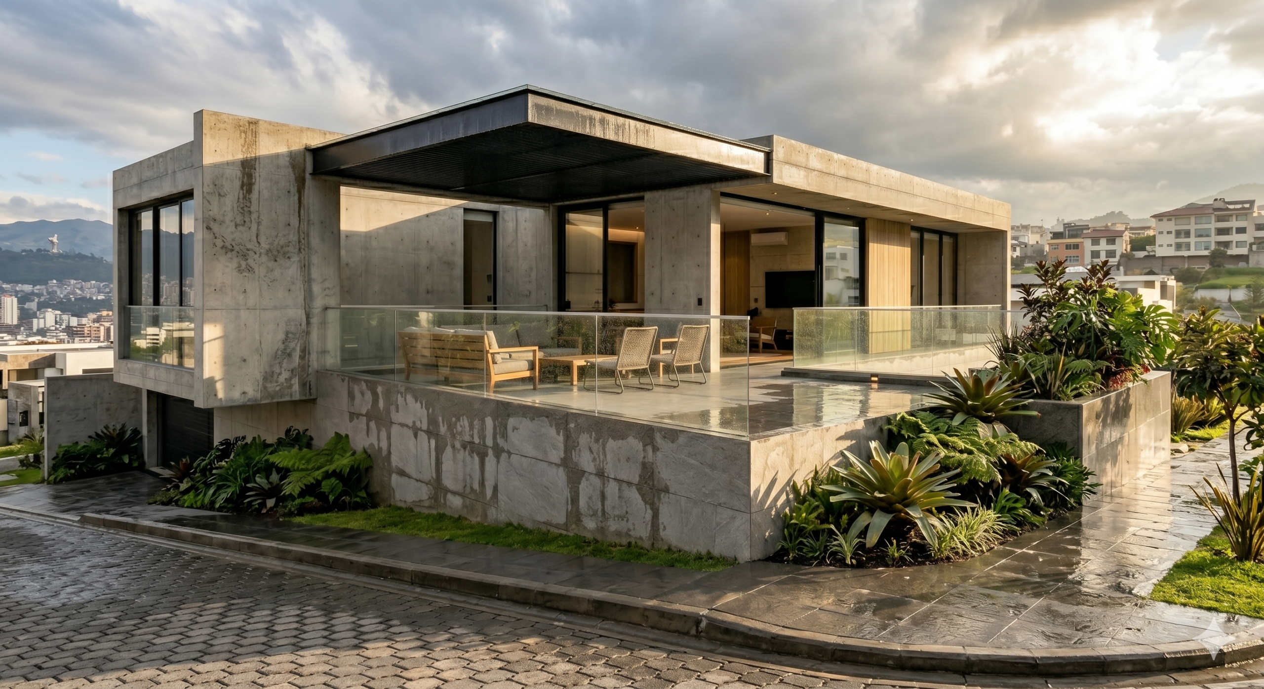 Fachada contemporánea con revestimiento de porcelanato exterior resistente a humedad, lluvia y exposición solar constante.