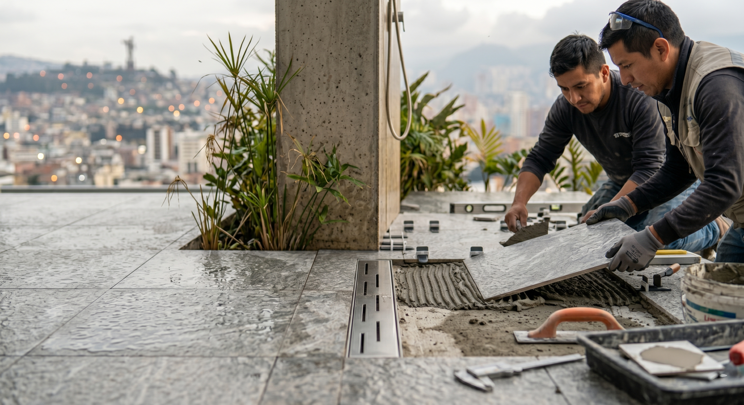 Instalación técnica de porcelanato exterior utilizando adhesivos especializados y sistema de nivelación profesional.