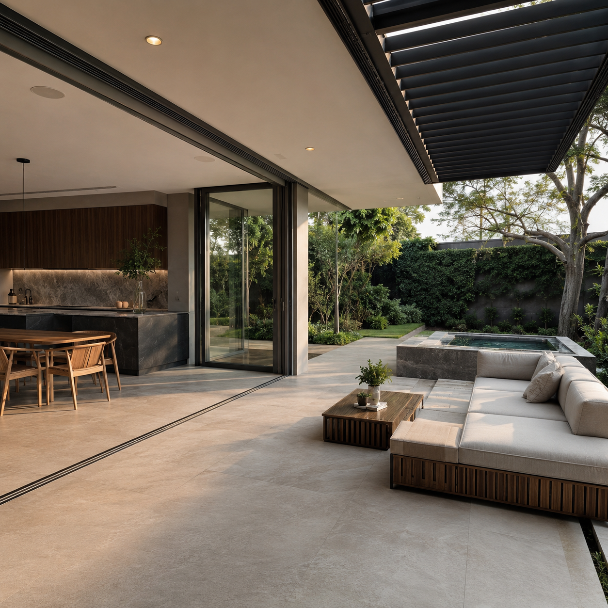 Espacio exterior contemporáneo integrado visualmente al interior de una vivienda moderna mediante diseño arquitectónico elegante y porcelanato premium.