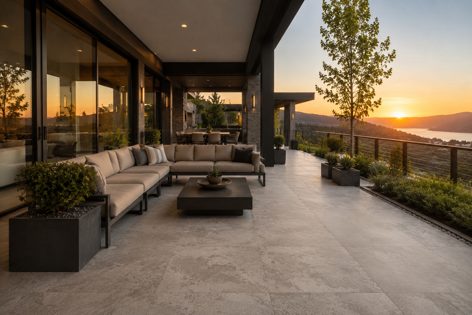 Espacio exterior moderno con porcelanato premium diseñado según clima, drenajes, seguridad y estilo arquitectónico contemporáneo.