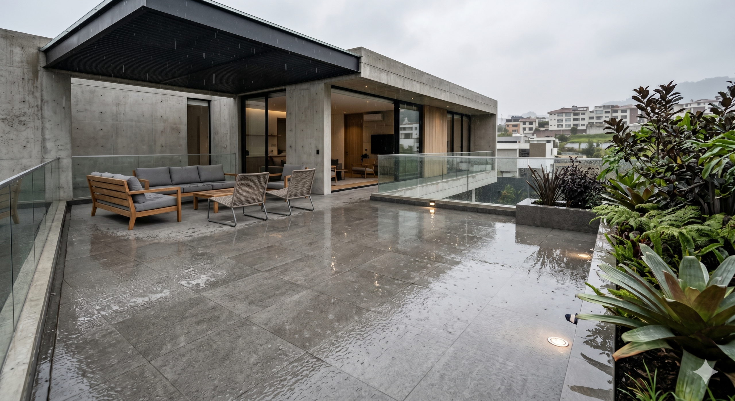 Terraza contemporánea con porcelanato texturizado antideslizante mojado por lluvia ligera, mobiliario exterior moderno y ambiente seguro en condiciones húmedas.