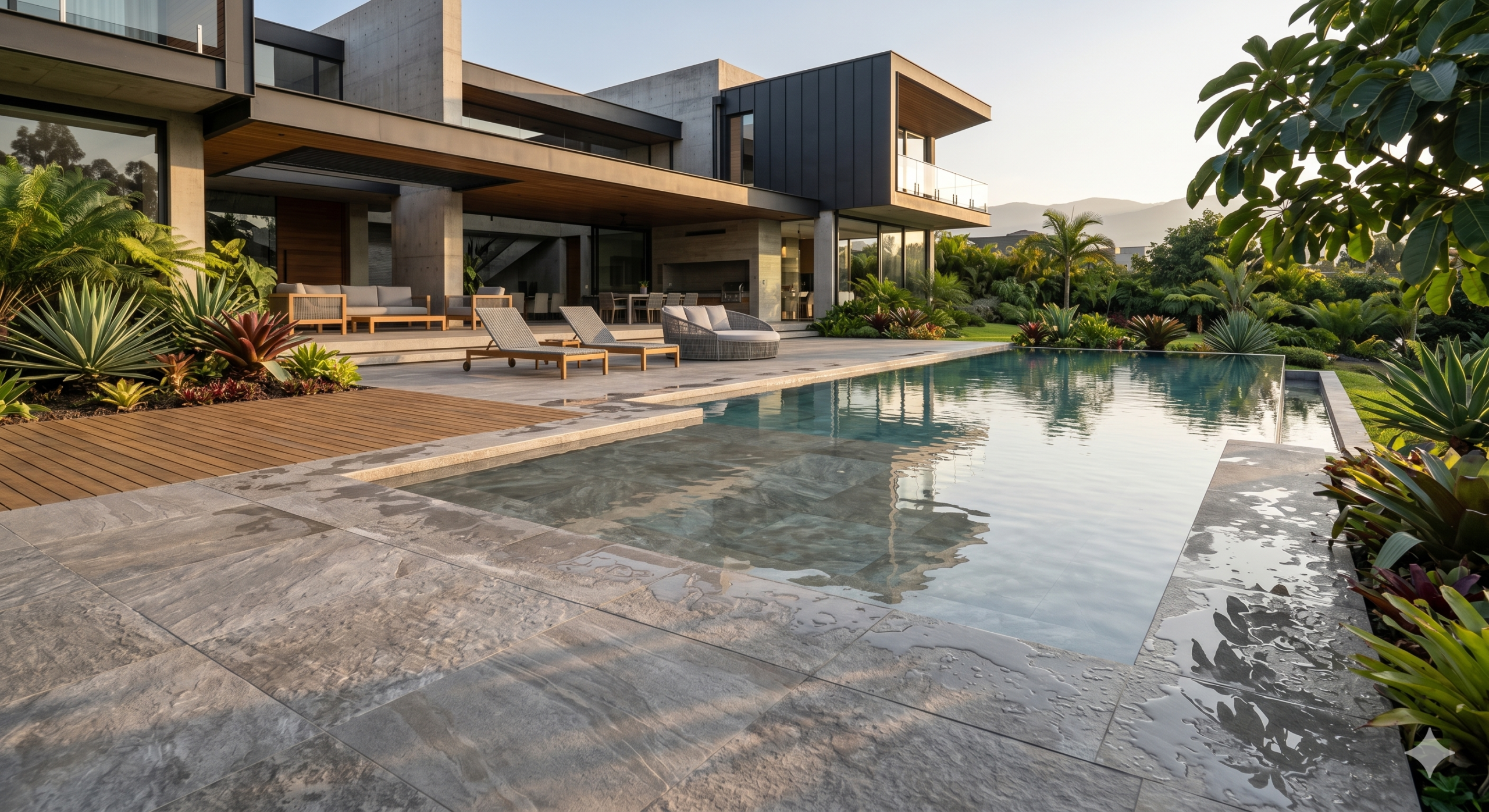Área social exterior junto a piscina con porcelanato antideslizante de acabado texturizado diseñado para seguridad y resistencia en espacios húmedos.