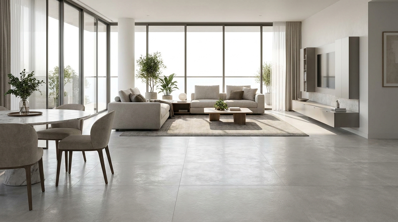 Sala comedor con piso de porcelanato satinado gris claro