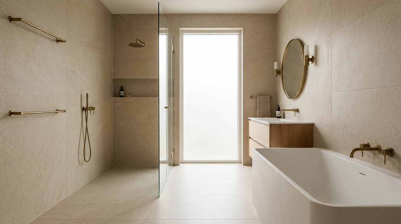 Baño con piso y paredes de porcelanato mate color arena