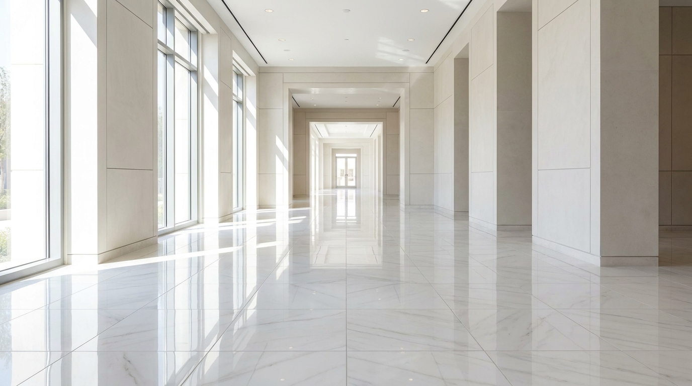 Pasillo con piso de porcelanato de brillo alto que refleja la luz