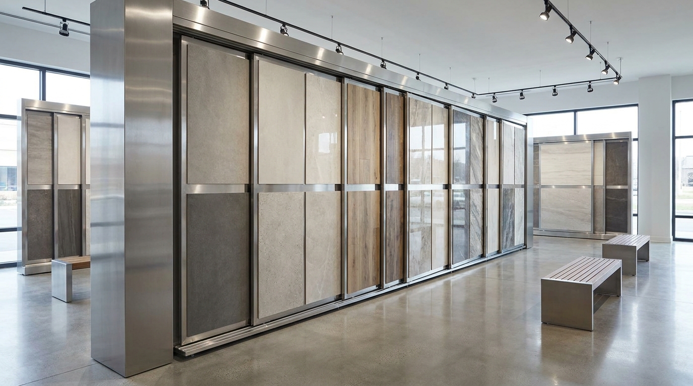 Exhibidores con muestras de porcelanato en distintos acabados
